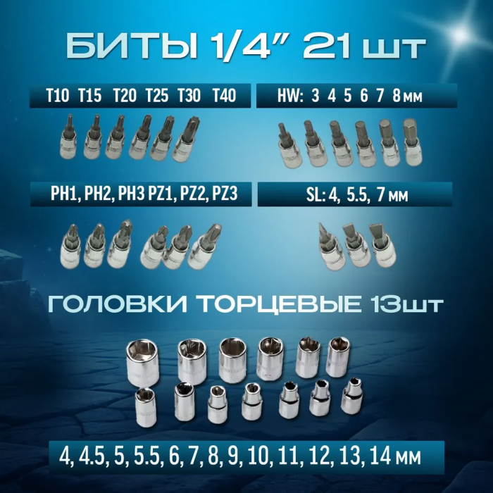 Набор инструментов в кейсе, 46 предметов (трещетка, съемные головки)